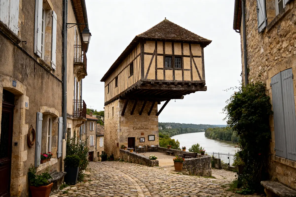 Rue pavée avec maisons anciennes, bâtiment à colombages, surplombant une rivière entourée de verdure, ciel nuageux.
