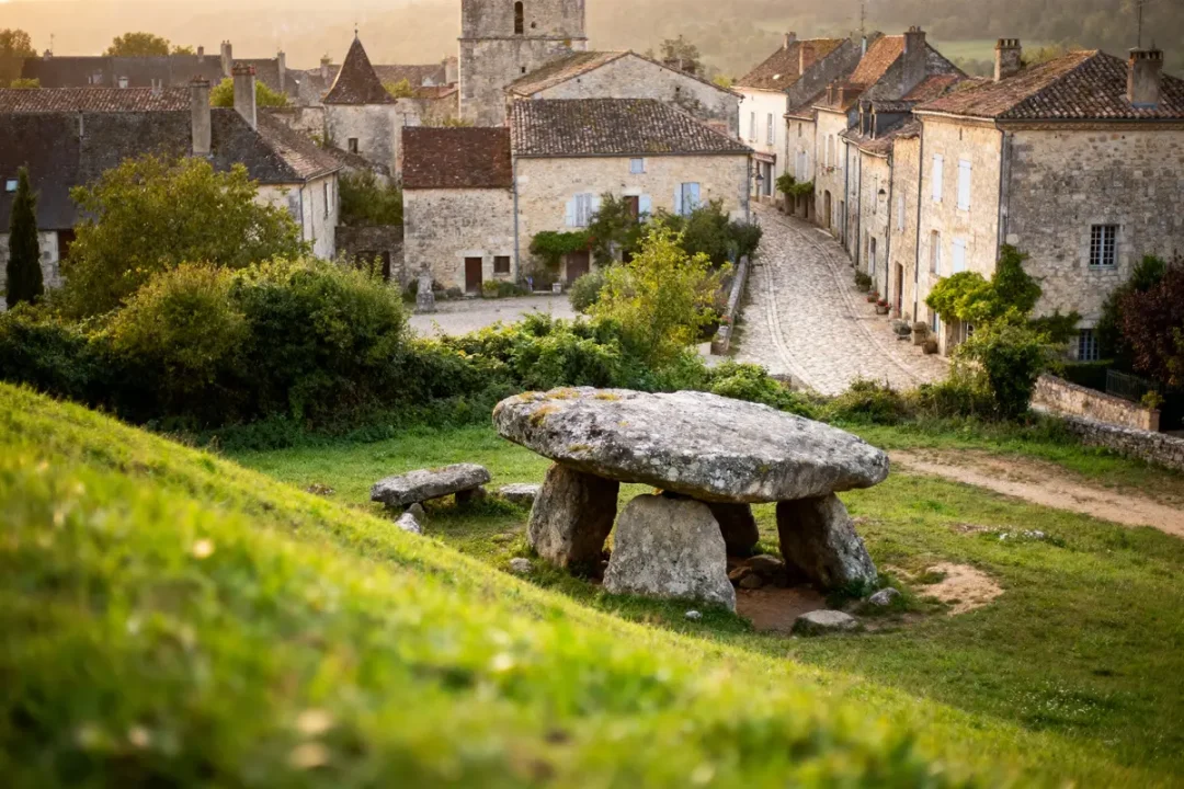 Dolmen en premier plan avec village médiéval en pierre en arrière-plan, au coucher du soleil.