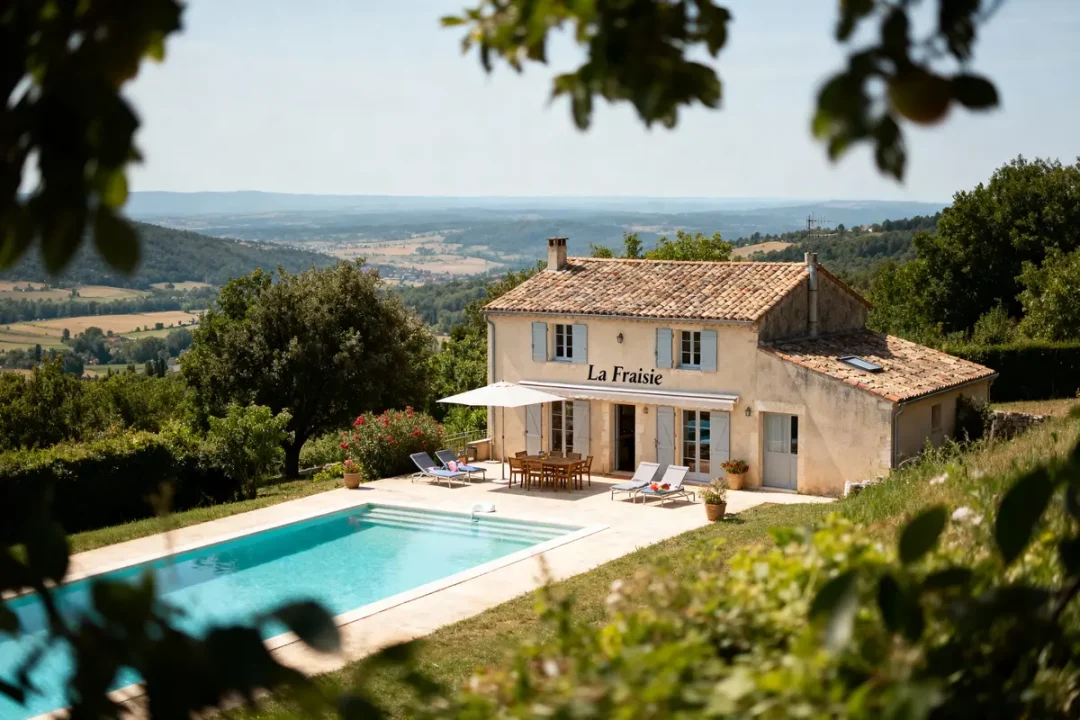 Maison provençale avec piscine, vue panoramique sur la campagne vallonnée, transats et parasol sur terrasse.