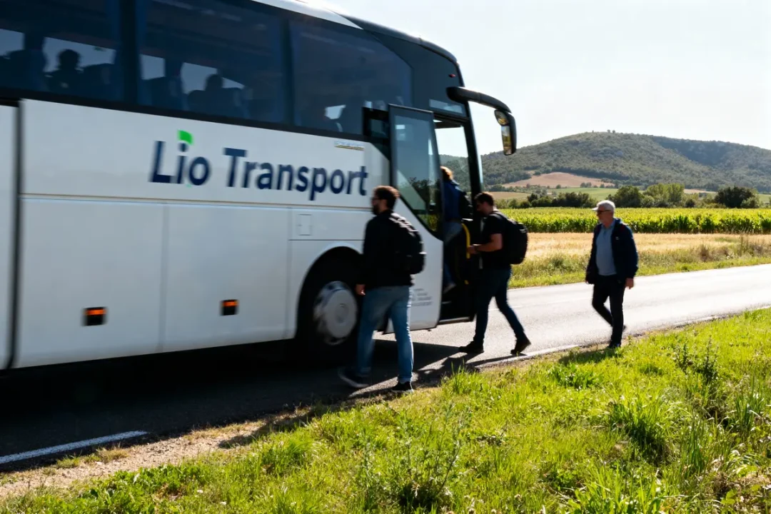 Personnes montant dans un bus "Lio Transport" le long d'une route, paysages ruraux en arrière-plan.