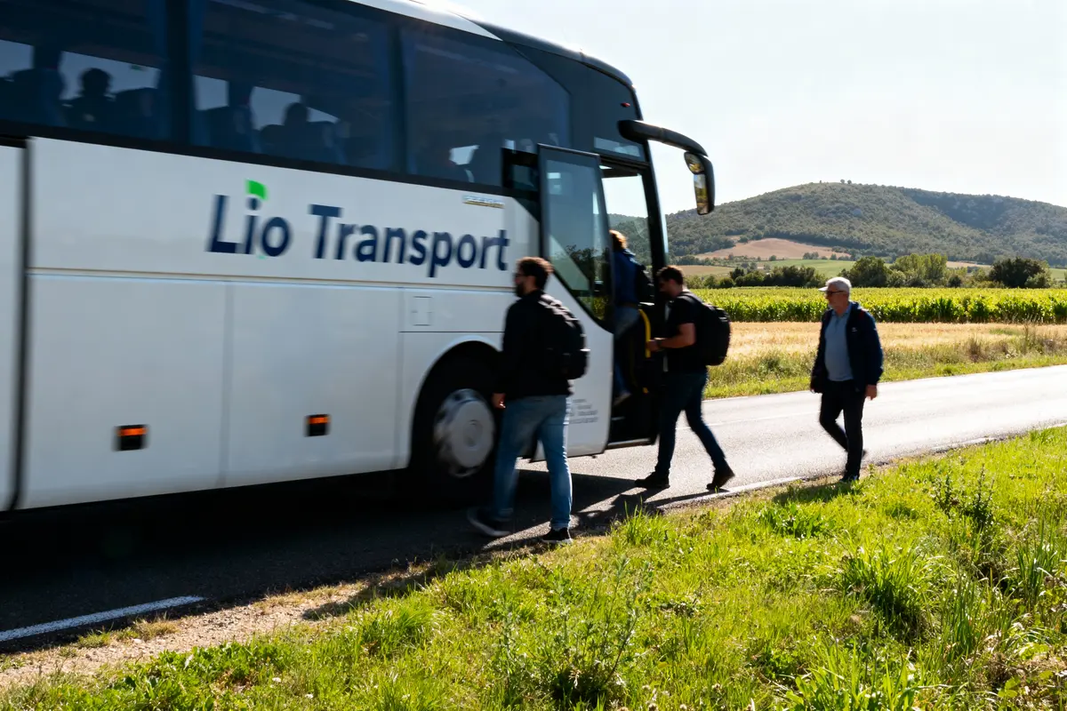 Personnes montant dans un bus "Lio Transport" le long d'une route, paysages ruraux en arrière-plan.
