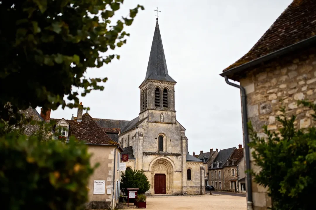 Église en pierre avec clocher en plein village, entourée de bâtiments anciens et végétation, ciel nuageux.