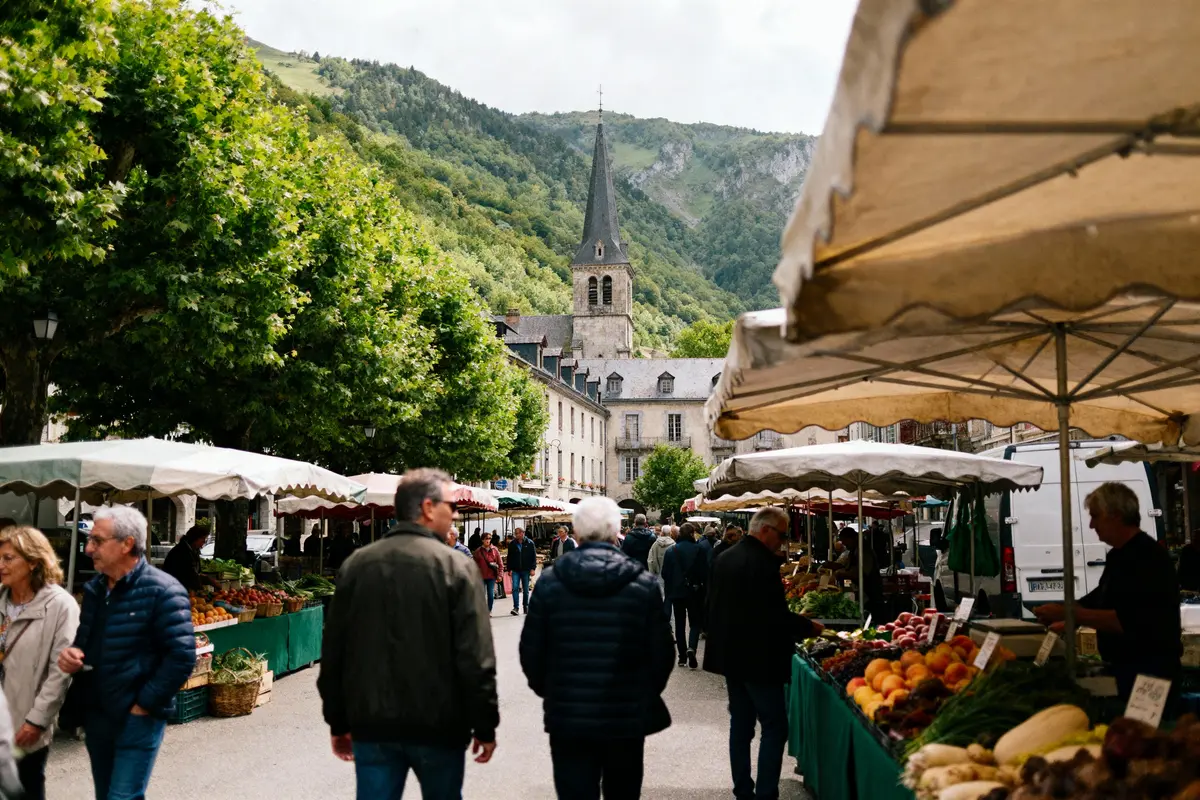 Marché en plein air avec étals, église, montagne verdoyante en arrière-plan, personnes se promenant.