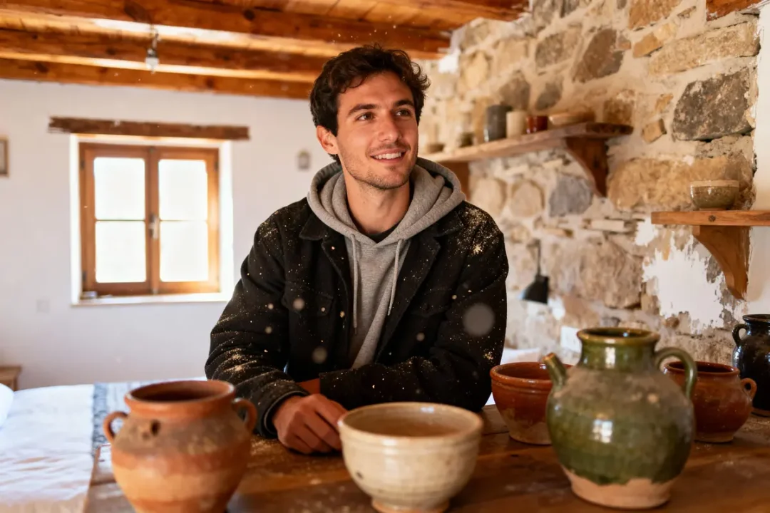 Homme souriant dans une cuisine rustique, entouré de poteries colorées, murs en pierre apparente, intérieur chaleureux.