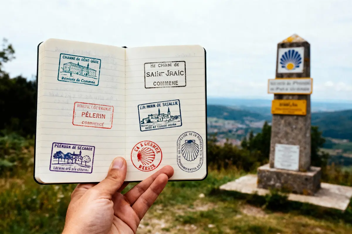 Main tenant carnet avec timbres de pèlerinage devant un chemin de randonnée et un panneau indicateur.