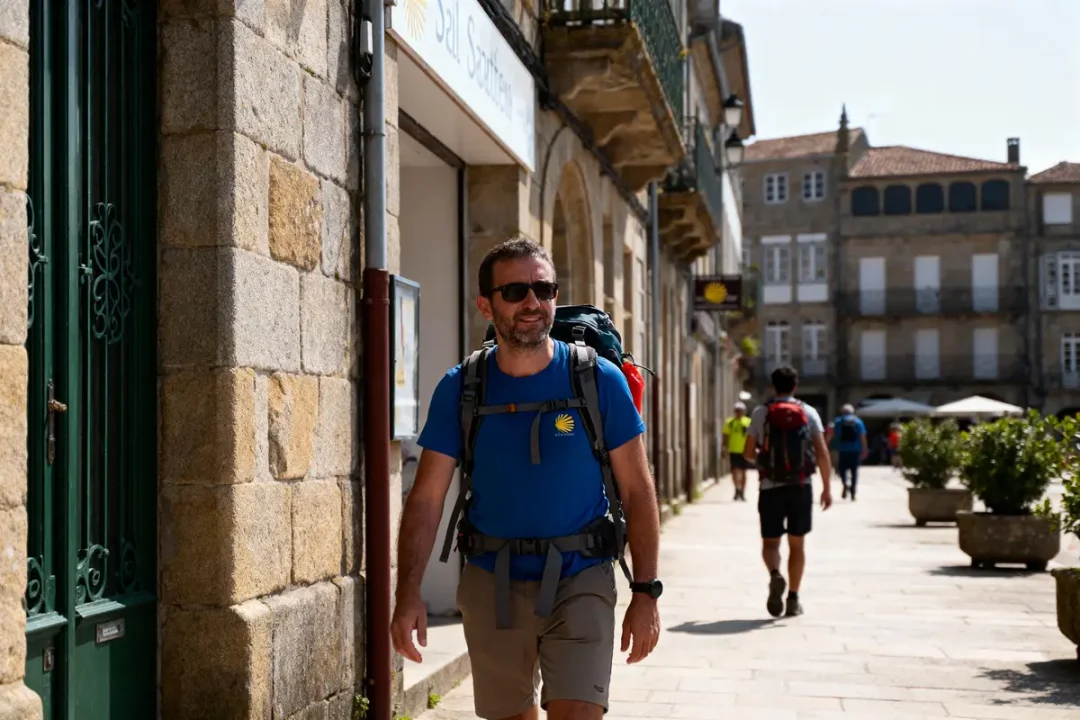 Homme en randonnée, portant un sac à dos, marchant dans une rue pavée ensoleillée, bâtiments historiques en arrière-plan.