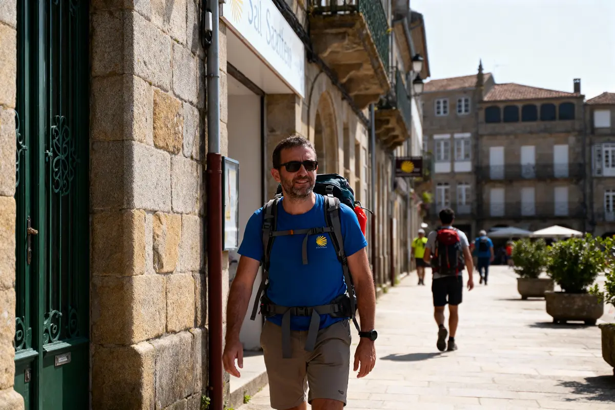 Homme en randonnée, portant un sac à dos, marchant dans une rue pavée ensoleillée, bâtiments historiques en arrière-plan.