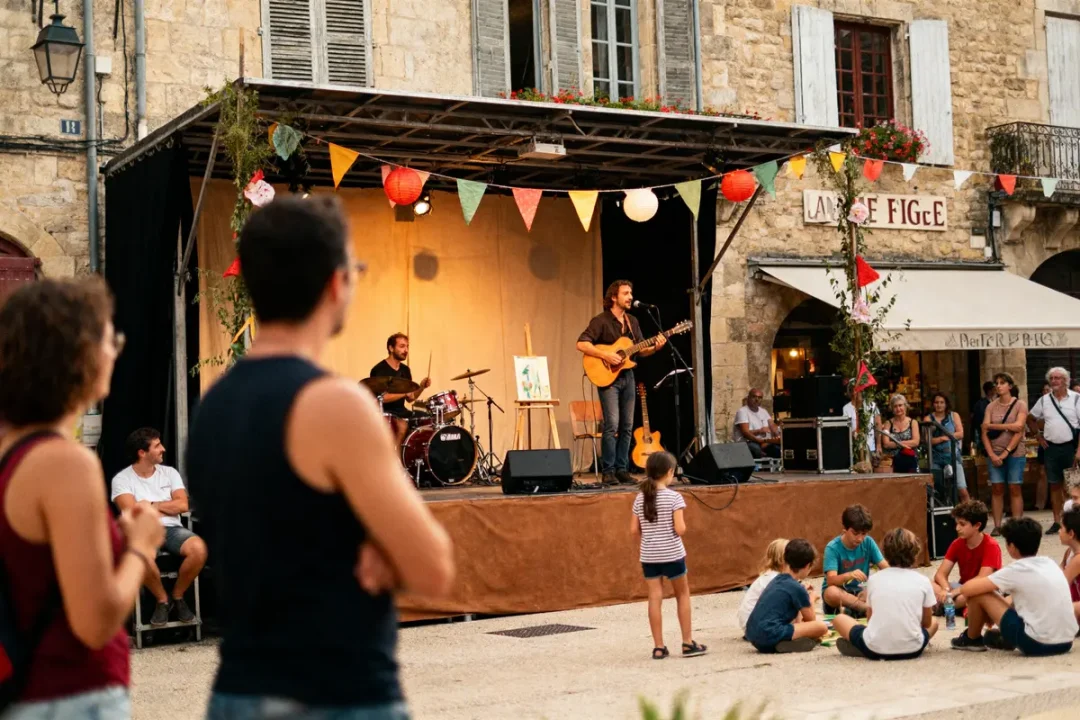 Scène extérieure avec musiciens, enfants assis, public debout, décorations festives sous lampions colorés.