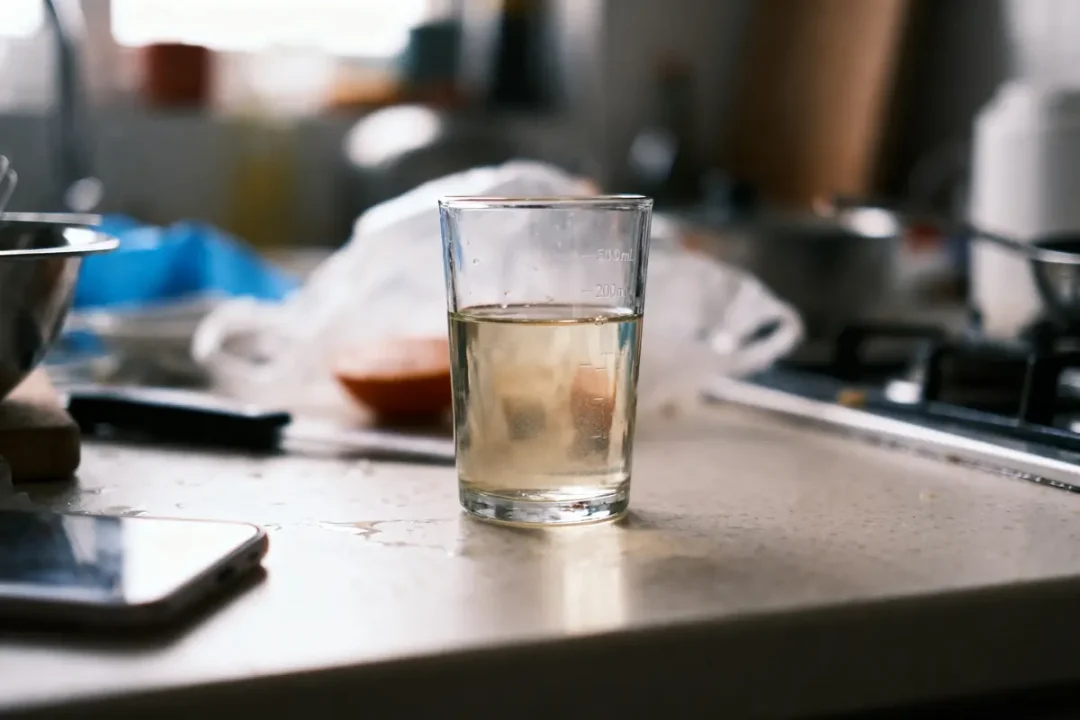 Verre avec liquide sur un plan de travail de cuisine désordonné, contenant divers objets.