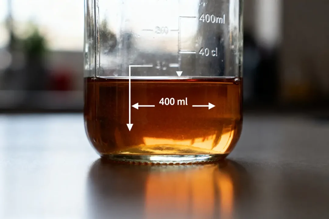 Bocal en verre avec 400 ml de liquide ambré, graduations visibles sur le côté.
