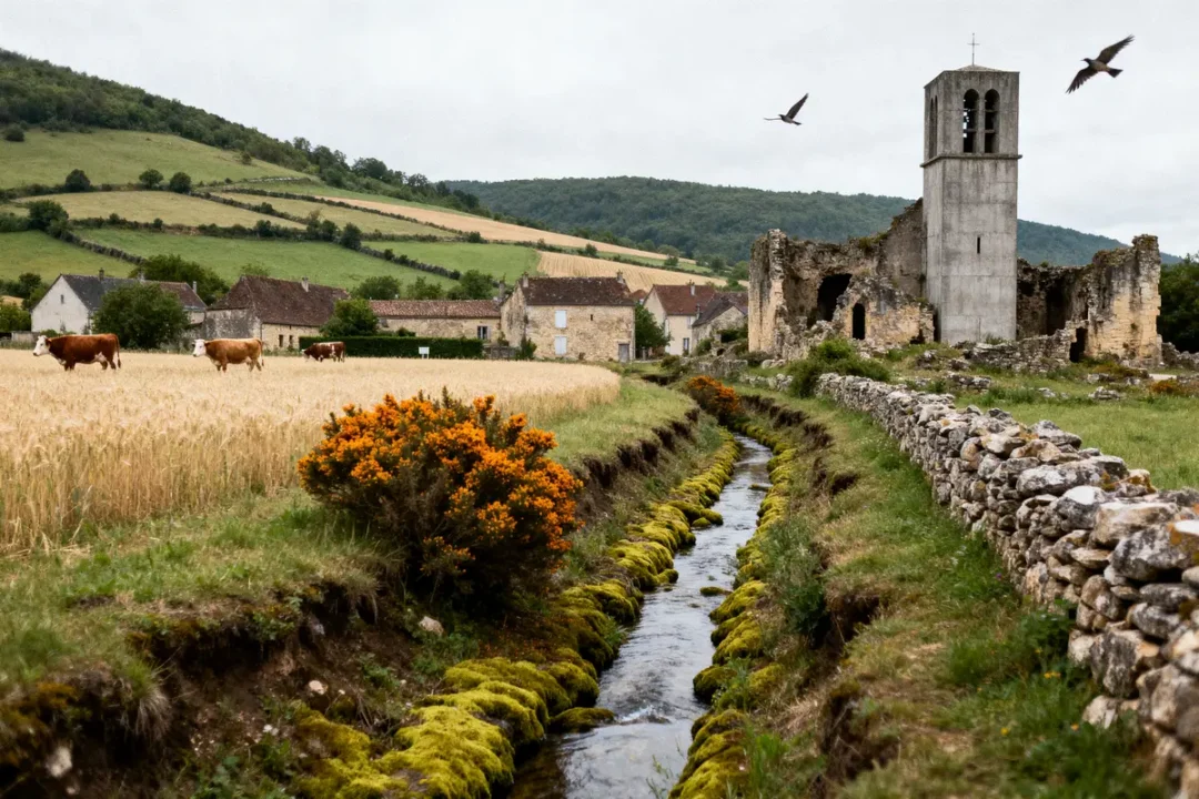 Paysage rural avec église en ruine, vaches dans un champ, ruisseau, collines et oiseaux volant.