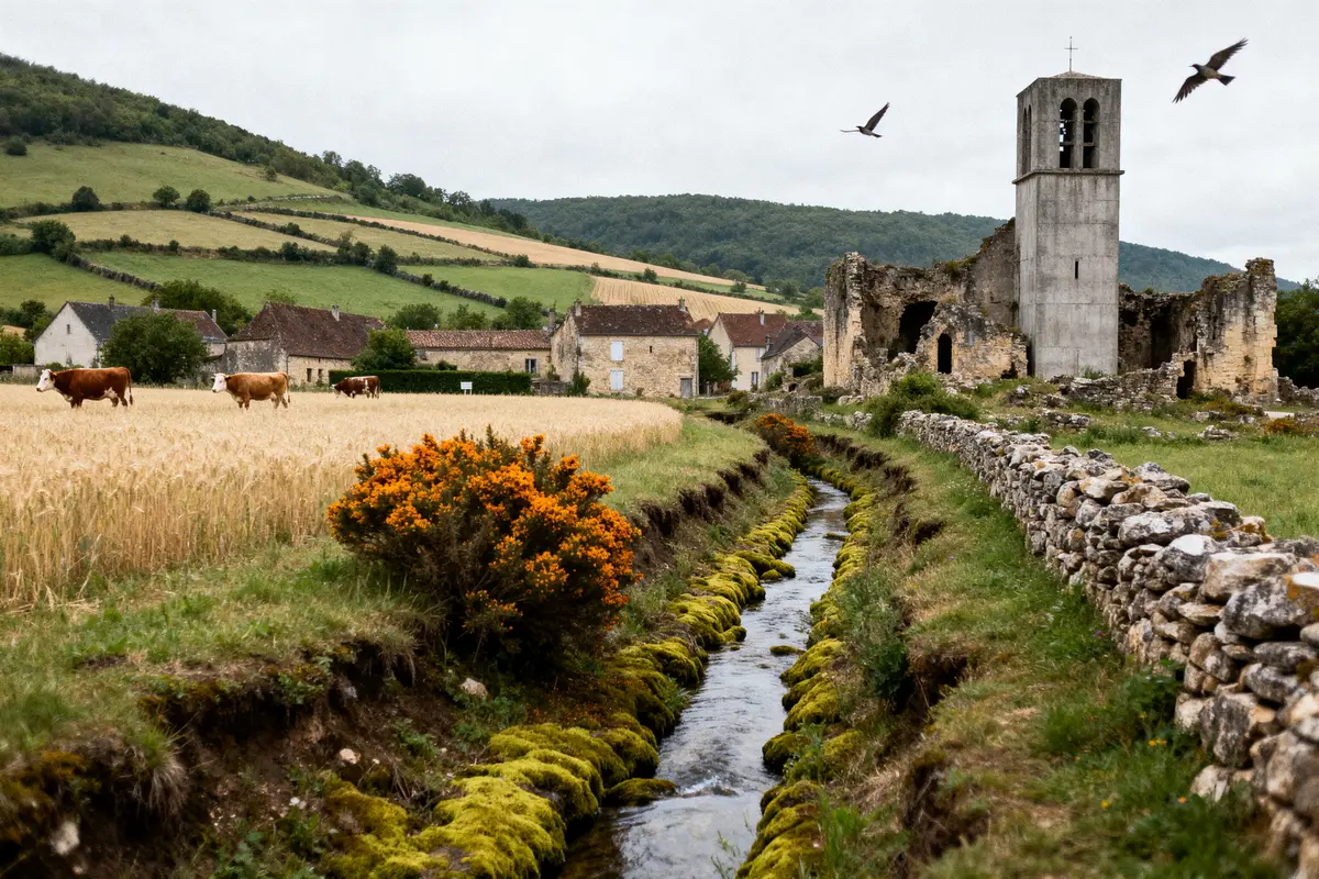 Paysage rural avec église en ruine, vaches dans un champ, ruisseau, collines et oiseaux volant.