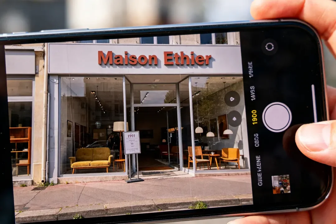 Vitrine de magasin "Maison Ethier" photographiée à travers un smartphone, meubles modernes exposés.