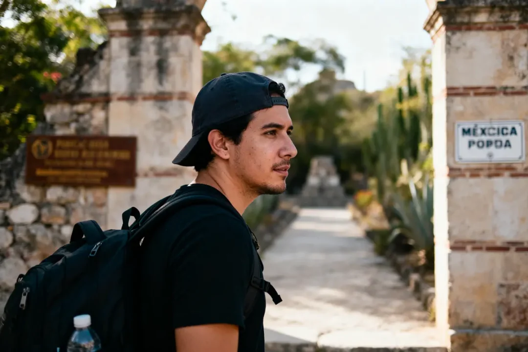 Jeune homme avec casquette noire marchant dans un parc archéologique mexicain, portant sac à dos.