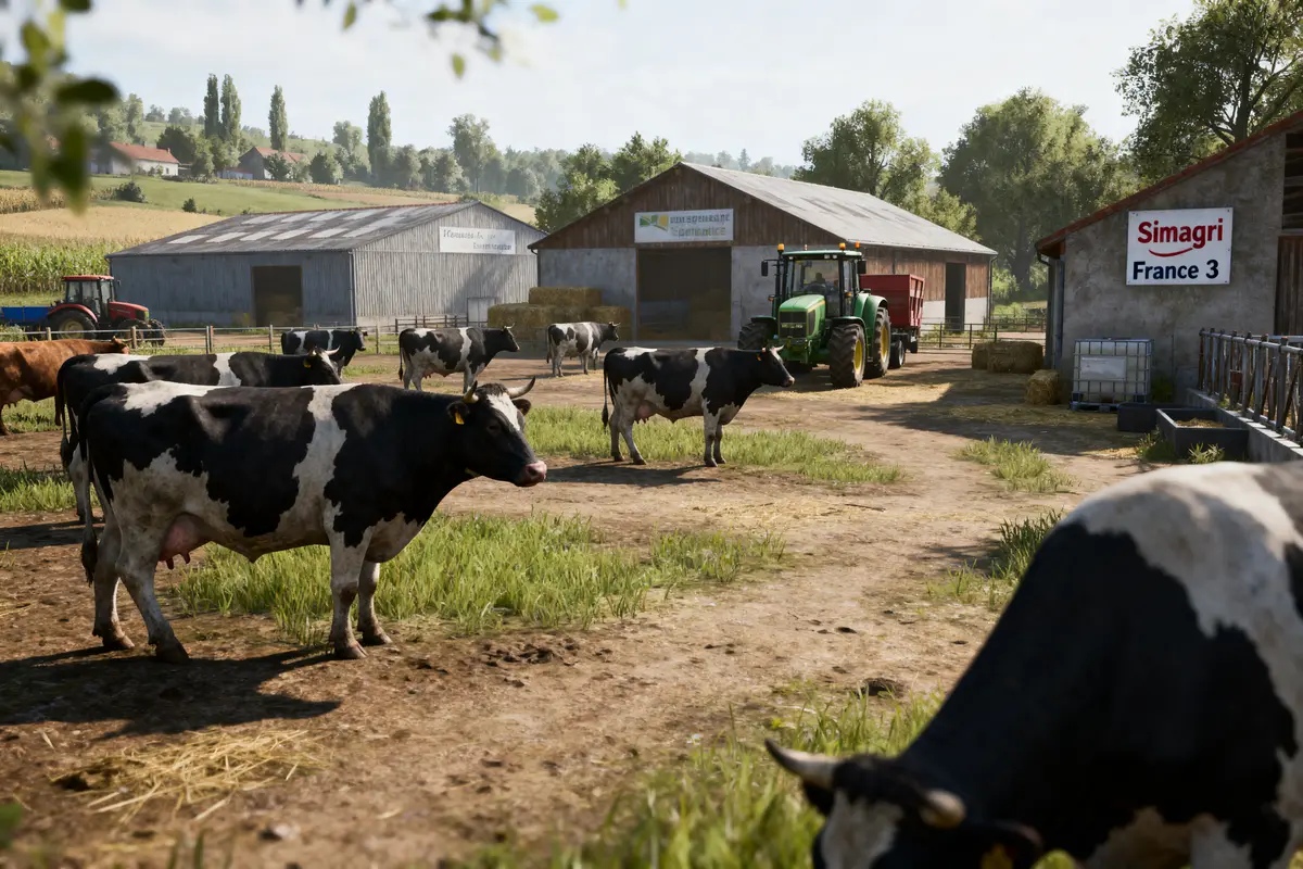 Vaches paissant dans une ferme avec hangars, tracteur vert et paysage rural en arrière-plan.