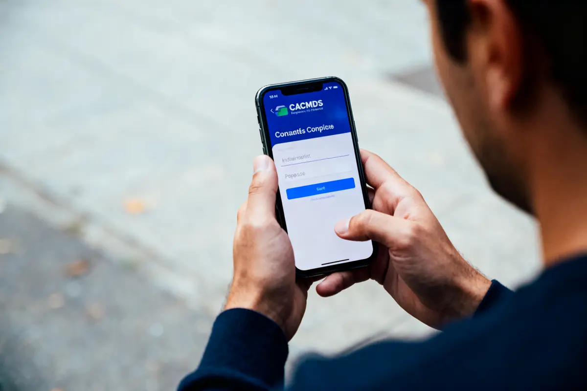 Personne utilisant une application bancaire sur smartphone avec écran de connexion visible.