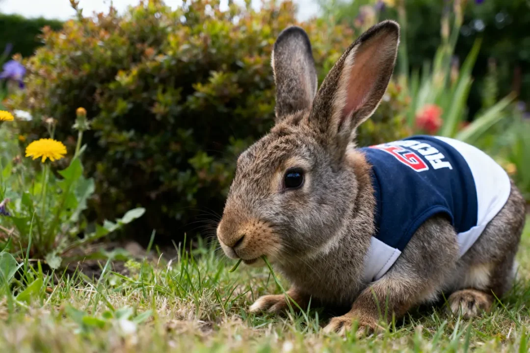 Lapin portant un gilet bleu et blanc, assis dans l'herbe près de fleurs jaunes, jardin en arrière-plan.