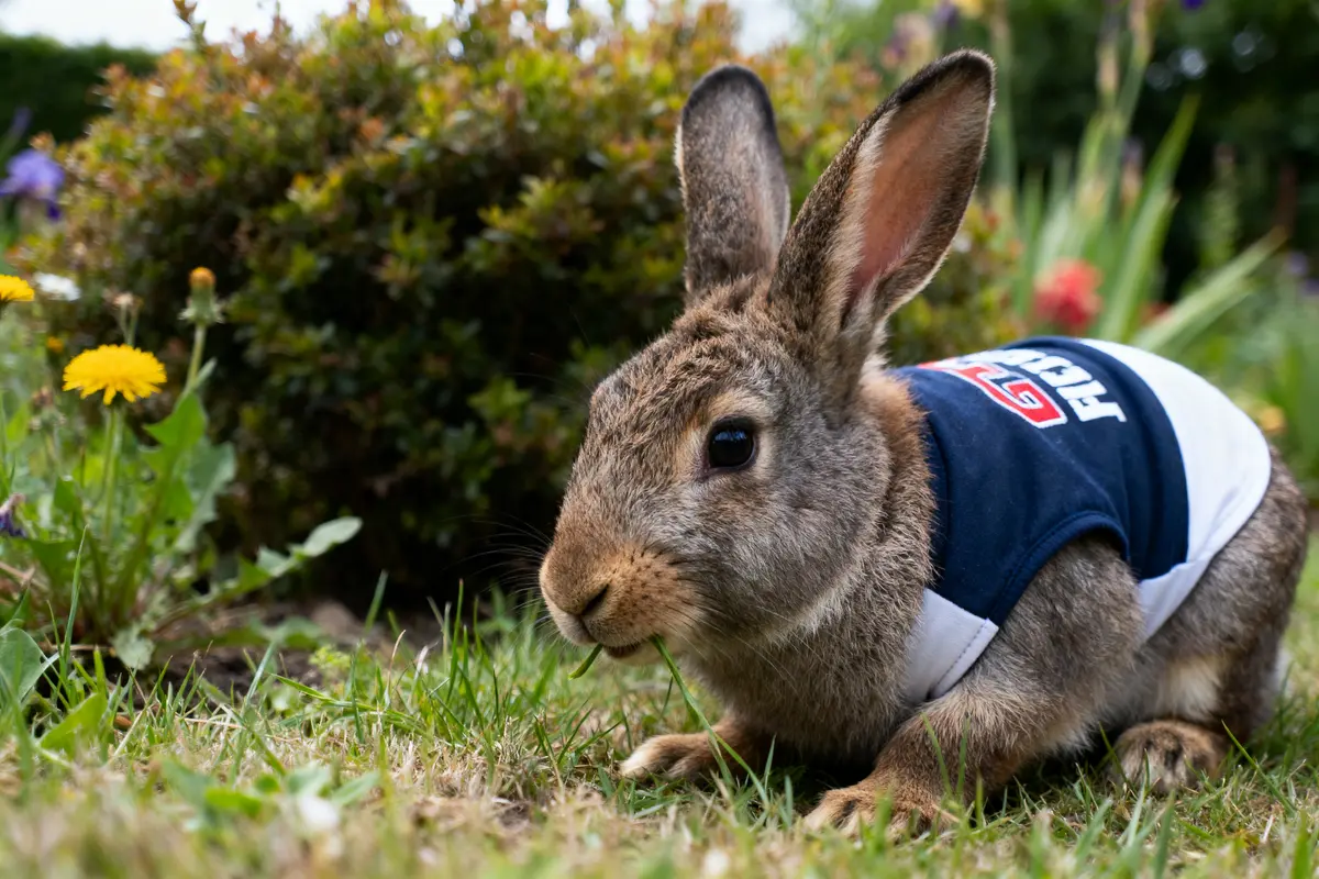 Lapin portant un gilet bleu et blanc, assis dans l'herbe près de fleurs jaunes, jardin en arrière-plan.