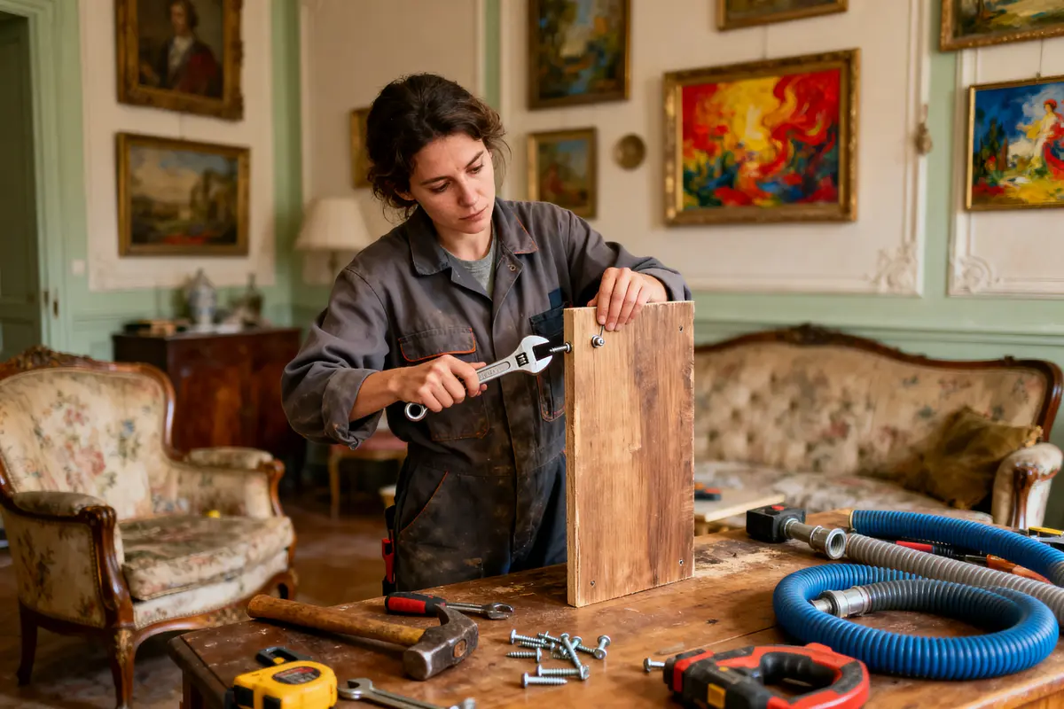 Personne en salopette effectuant un travail manuel dans une pièce décorée de peintures, meubles anciens et outils.