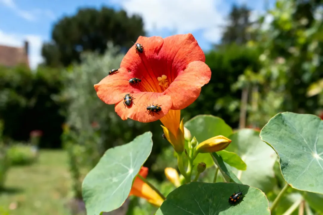 Fleur orange avec des insectes métallisés verts, entourée de feuilles, jardin flou en arrière-plan.