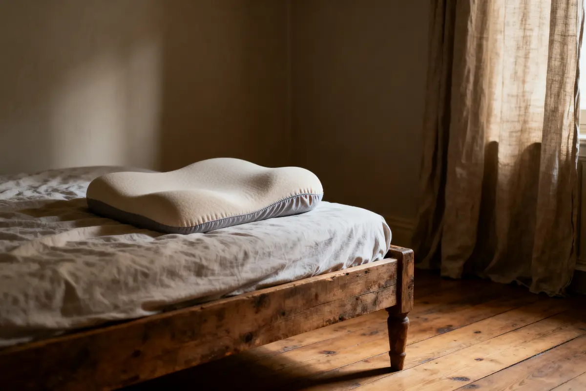Oreiller ergonomique sur un lit en bois, lumières douces filtrées par rideaux, ambiance chaleureuse et paisible.