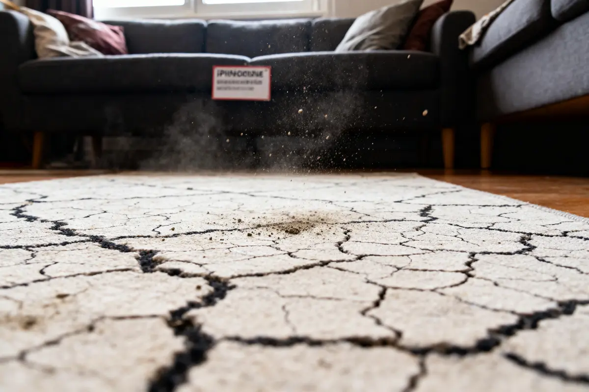 Gros plan sur un tapis blanc craquelé avec de la poussière en suspension, devant un canapé gris.