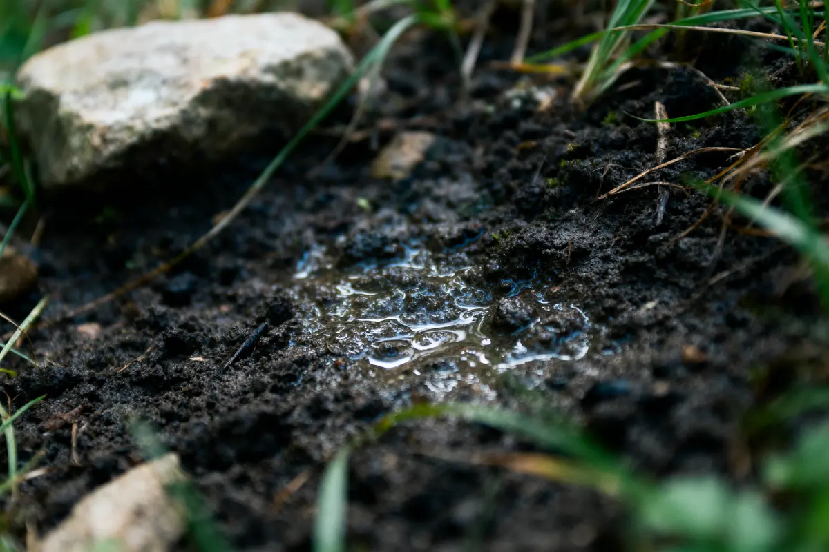 Sol boueux humide avec des flaques d'eau, entouré d'herbe verte et d'une pierre.
