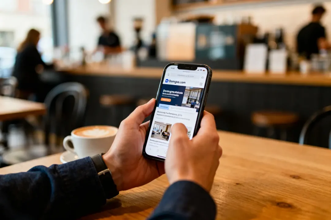 Personne utilisant un smartphone avec une application ouverte dans un café, tasse de café au premier plan.