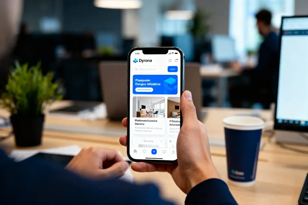 Personne tenant un smartphone affichant une application, dans un bureau avec ordinateur et gobelet de café.