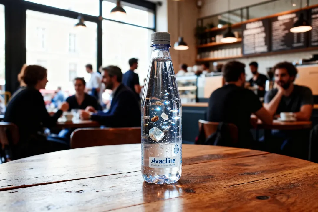 Bouteille d'eau sur table en bois dans café animé, personnes en arrière-plan floues.