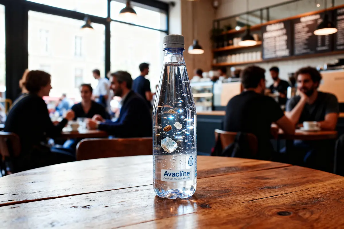 Bouteille d'eau sur table en bois dans café animé, personnes en arrière-plan floues.