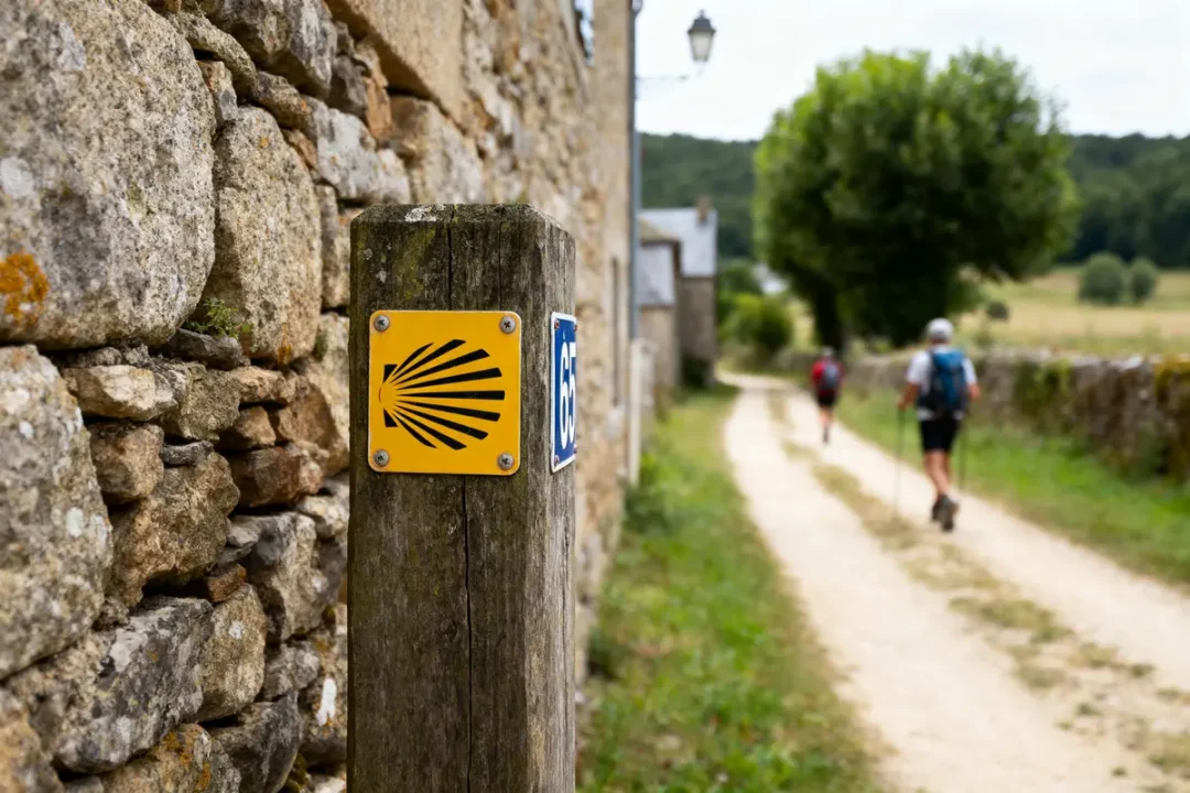Poteau avec coquille Saint-Jacques, sentier pédestre, deux randonneurs s'éloignant, mur en pierre, arbre à l'horizon.