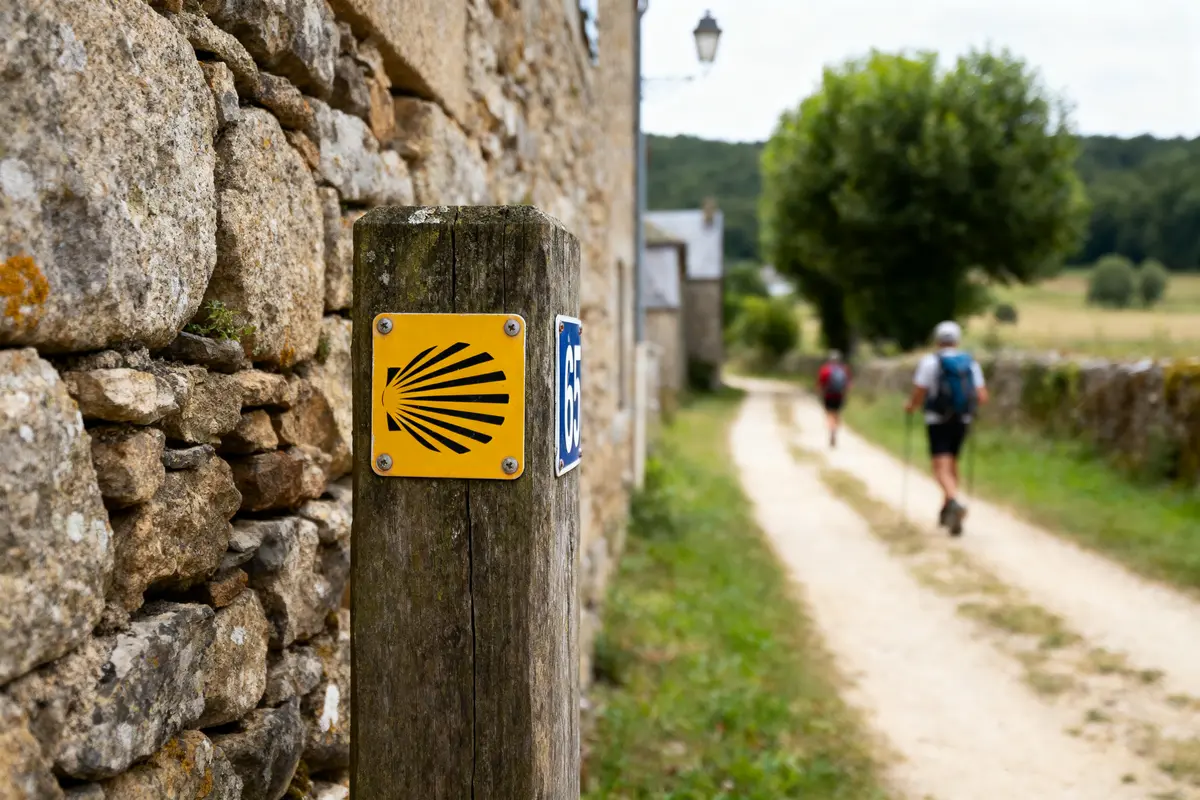 Poteau avec coquille Saint-Jacques, sentier pédestre, deux randonneurs s'éloignant, mur en pierre, arbre à l'horizon.