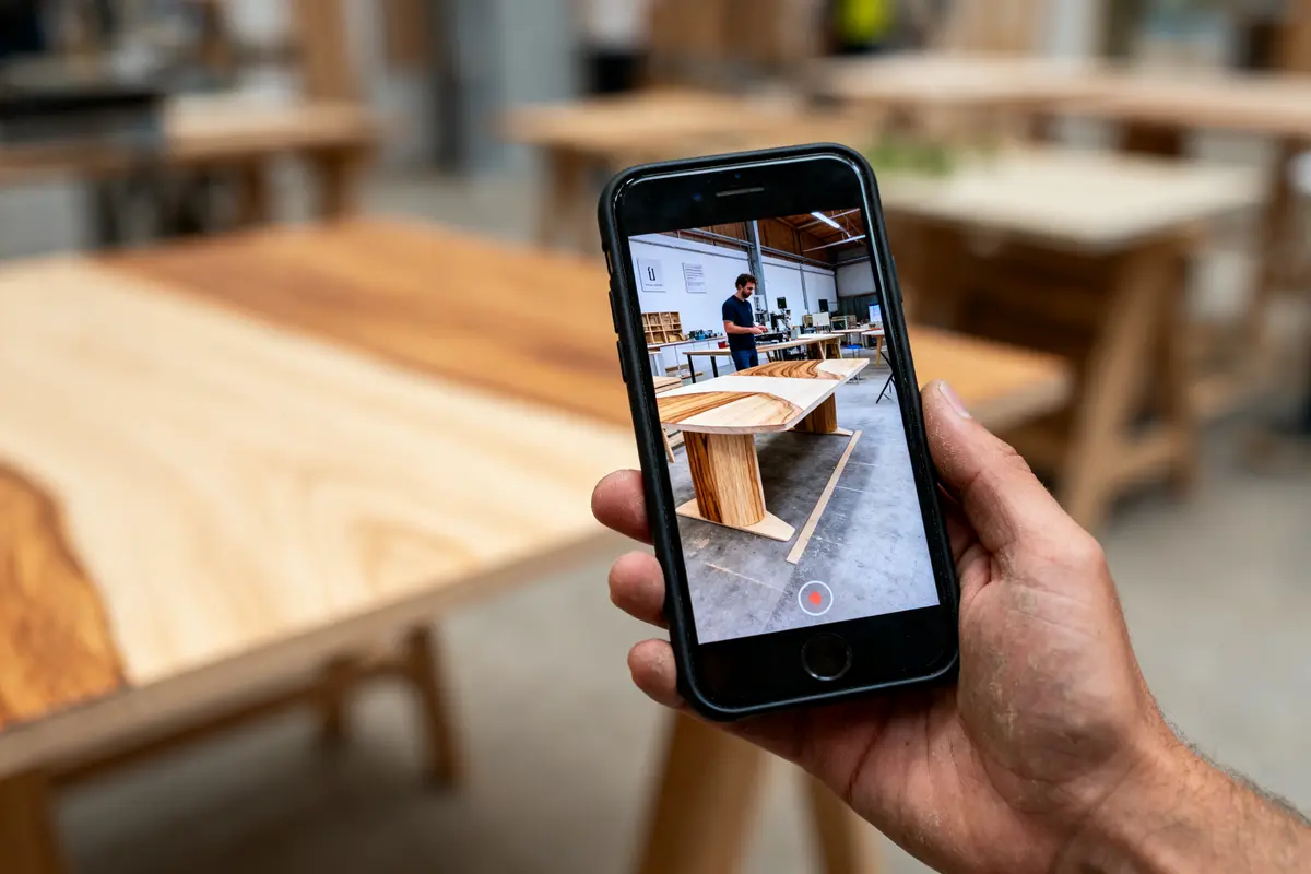 Main tenant un smartphone affichant atelier avec tables en bois. Flou en arrière-plan.