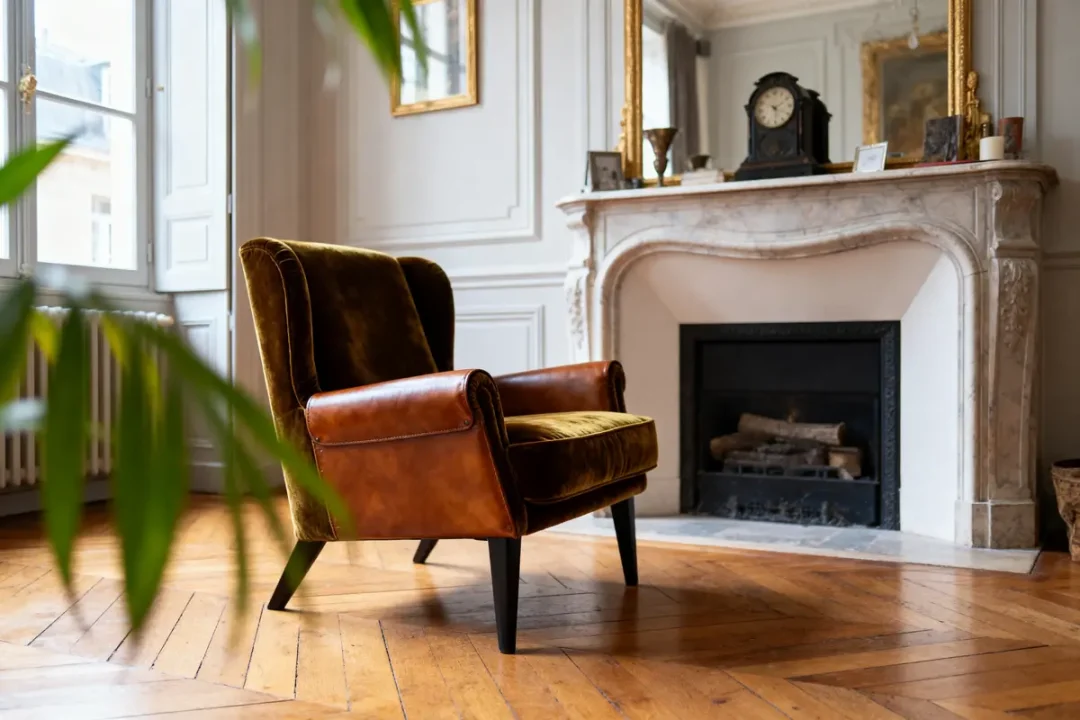 Fauteuil en cuir et velours devant cheminée ornée, intérieur élégant aux parquets en bois, plantes vertes.