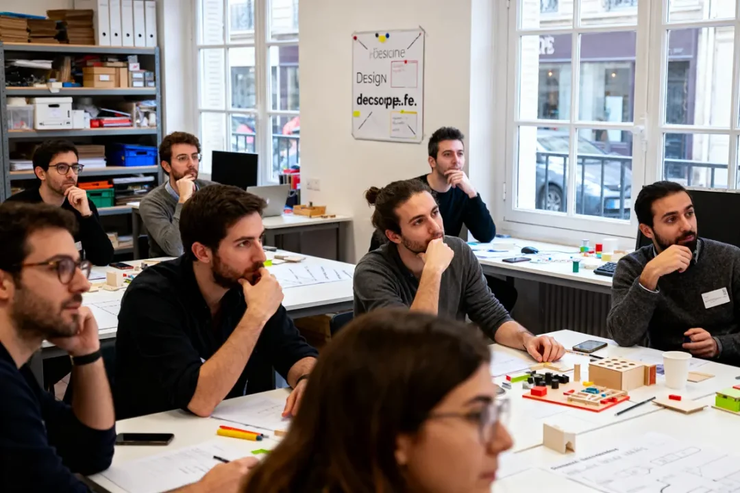 Groupe de personnes concentrées autour d'une table dans une salle de réunion, en train d'écouter et prendre des notes.