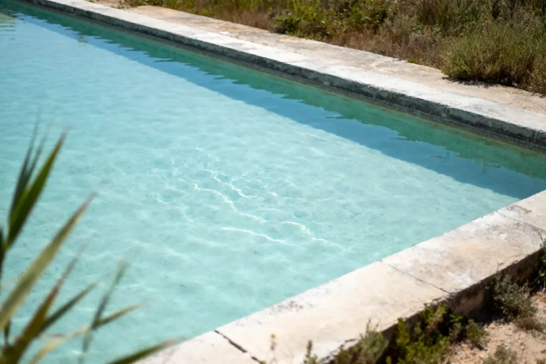 Piscine extérieure turquoise avec margelles de pierre, entourée de végétation naturelle et lumière du soleil.