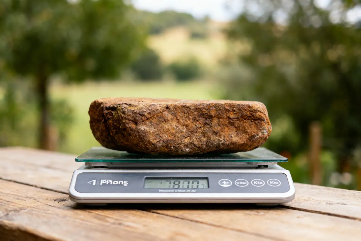 Une pierre repose sur une balance affichant 7800 grammes, posée sur une table en bois, extérieur vert.