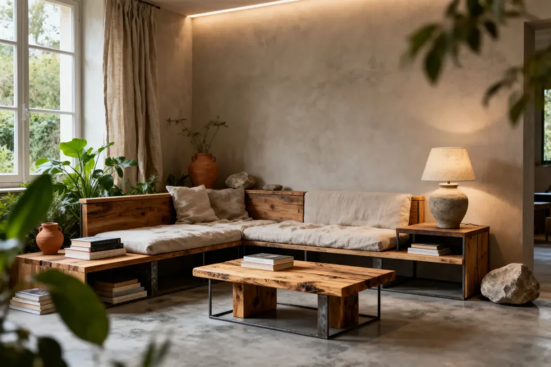 Salon moderne avec canapé d'angle en bois, table basse, lampes et plantes vertes près fenêtre. Ambiance naturelle.