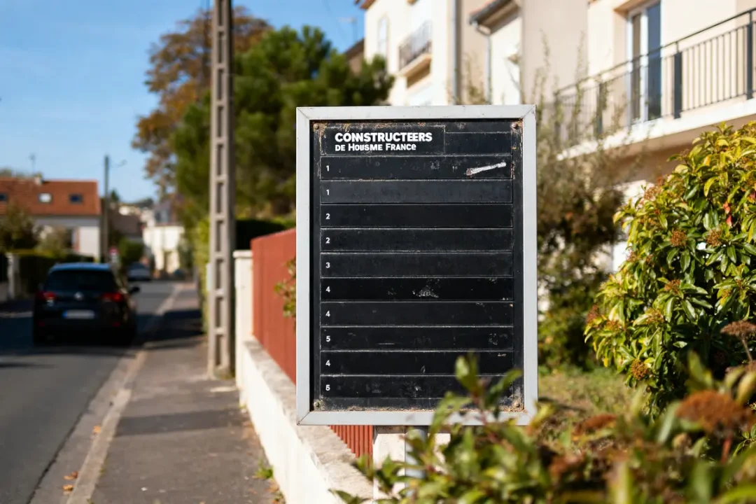 Panneau noir vide "Constructeurs de Maisons France" en bord de route, quartier résidentiel avec voiture et plantes.