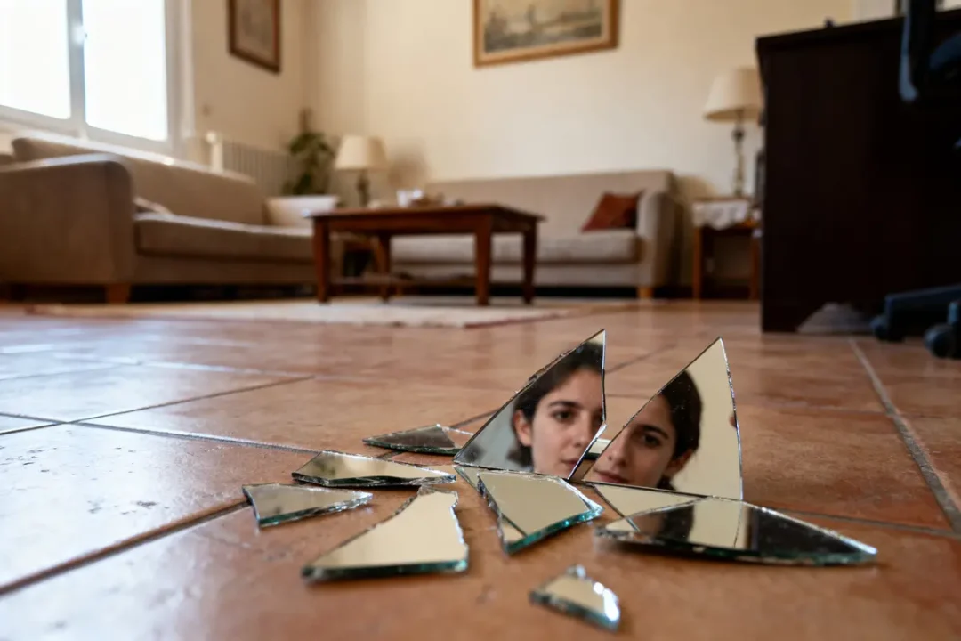 Éclats de miroir brisé au sol reflètent le visage d'une personne dans un salon meublé.