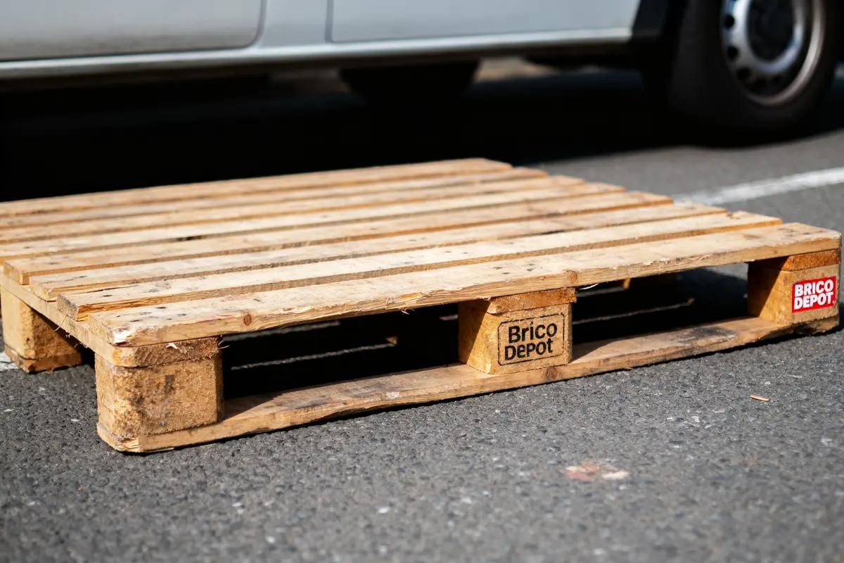 Palette en bois marquée "Brico Depot" au sol, devant un véhicule stationné.