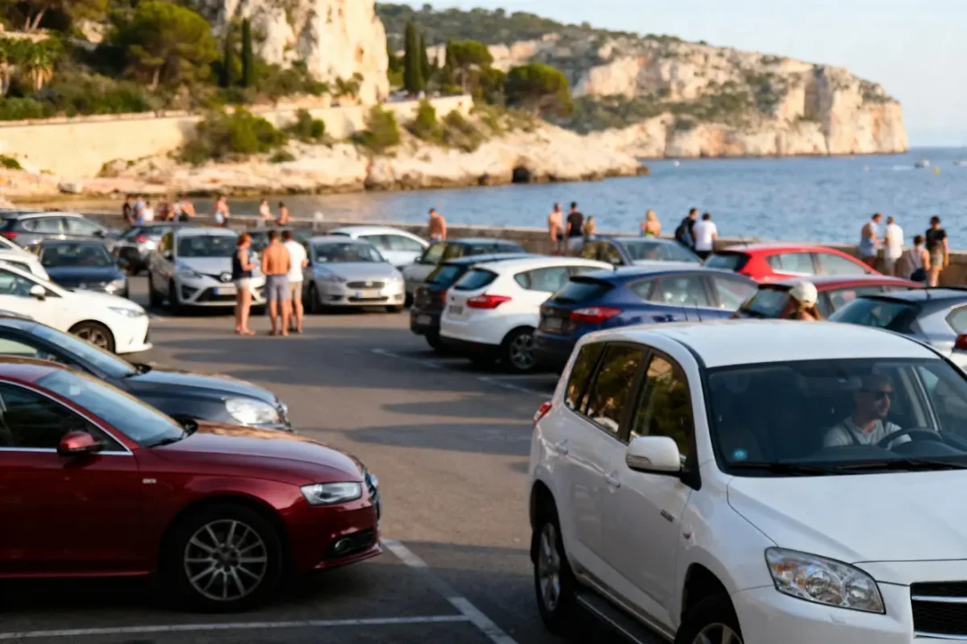 Parking près de la mer, voiture blanche, falaise en arrière-plan, personnes se promenant, ciel dégagé.