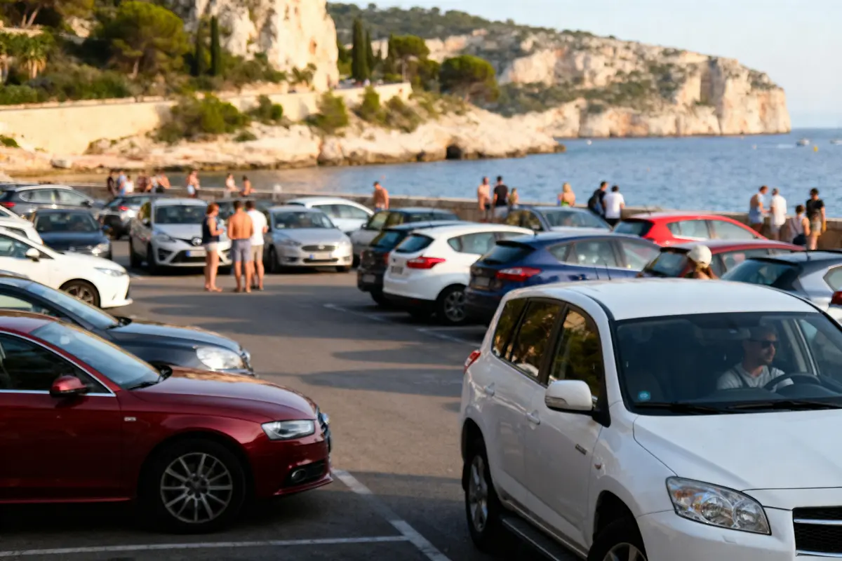 Parking près de la mer, voiture blanche, falaise en arrière-plan, personnes se promenant, ciel dégagé.