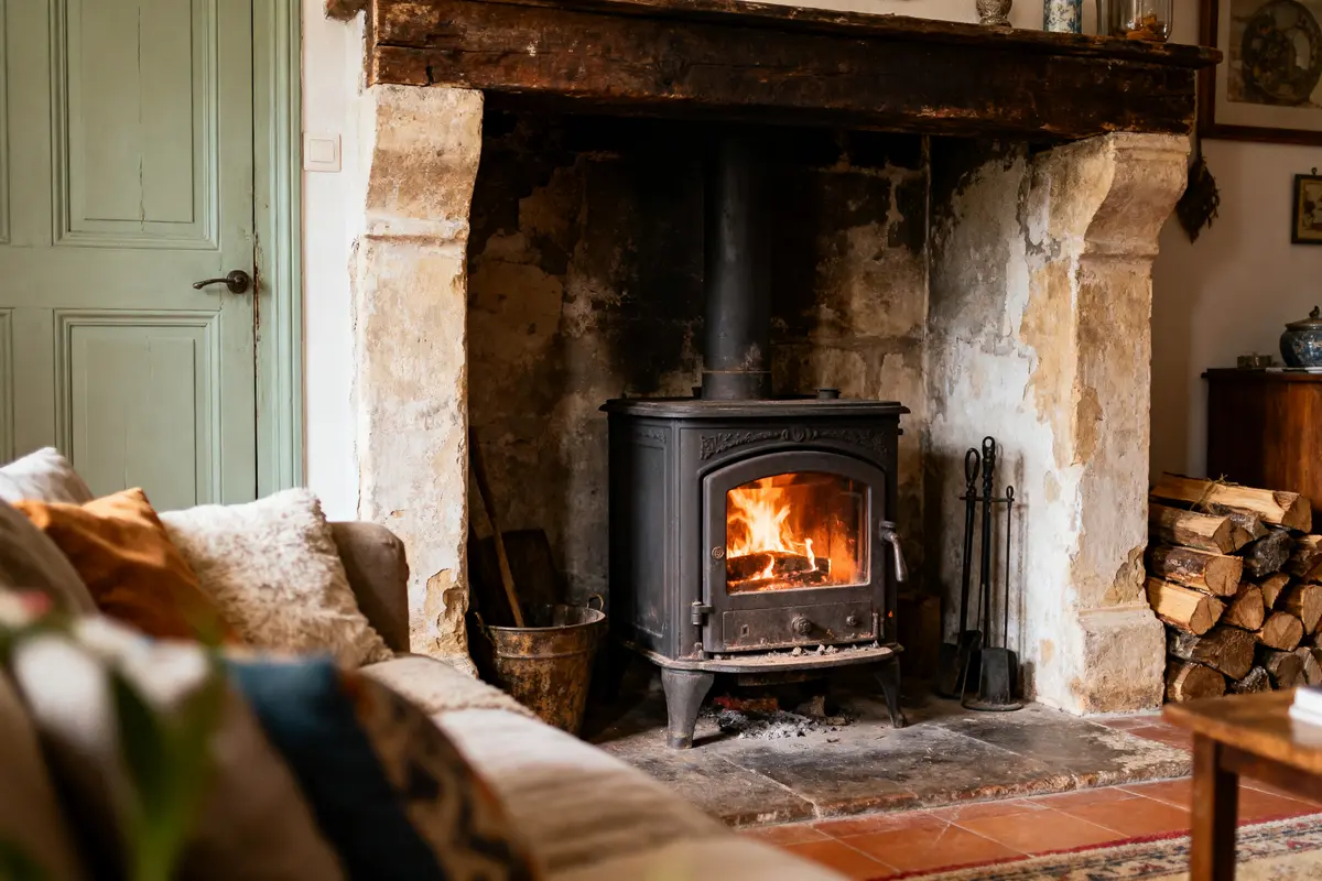 Poêle à bois allumé dans un salon cosy, avec cheminée en pierre et bûches empilées à côté.