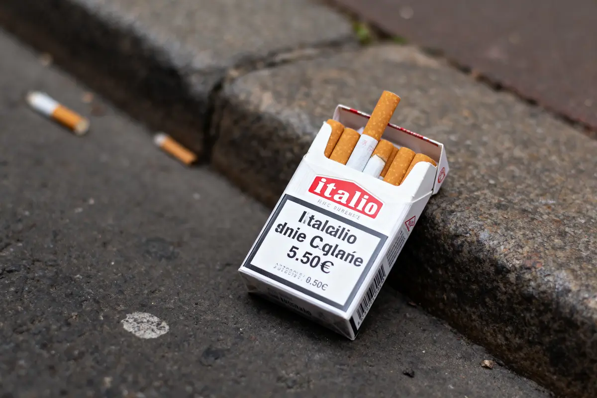Boîte de cigarettes sur le trottoir, ouverte, avec des mégots autour. Marque "Italio", prix affiché.
