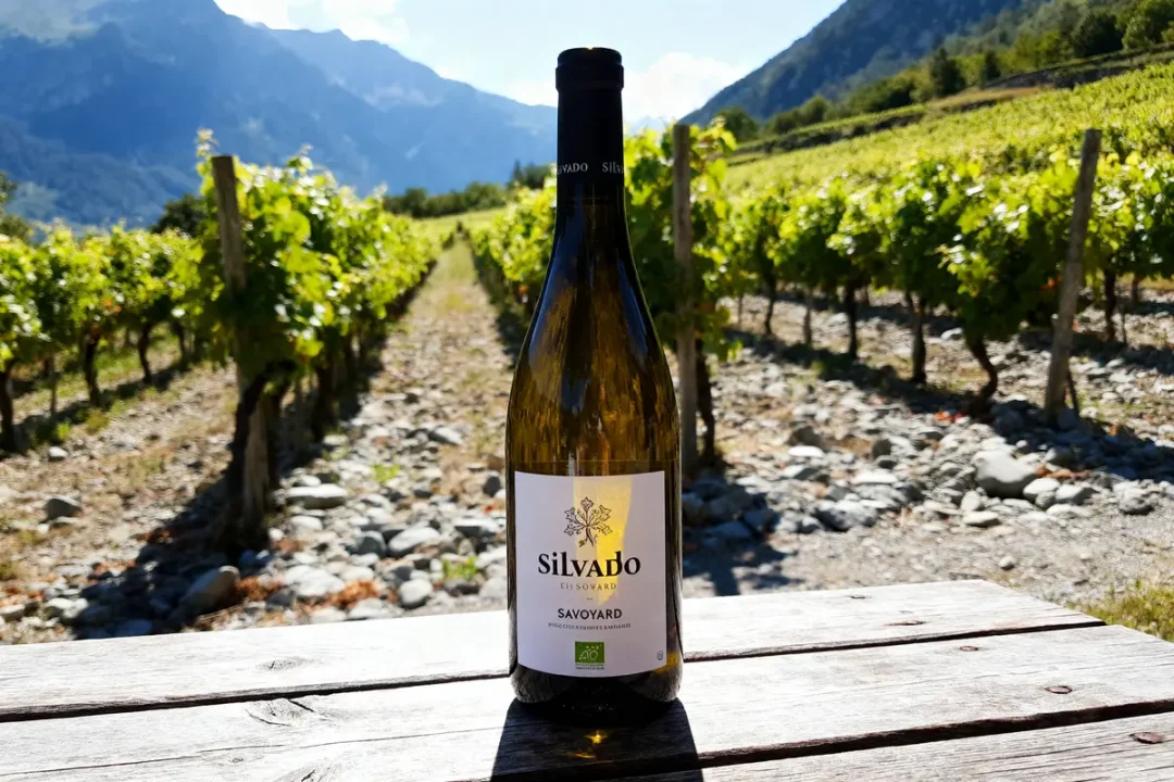 Bouteille de vin Silvado sur table en bois, avec vignoble en arrière-plan montagneux.