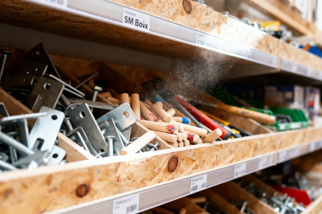 Étagères de quincaillerie avec vis, boulons, manches en bois et outils, éclairage de poussière suspendue.