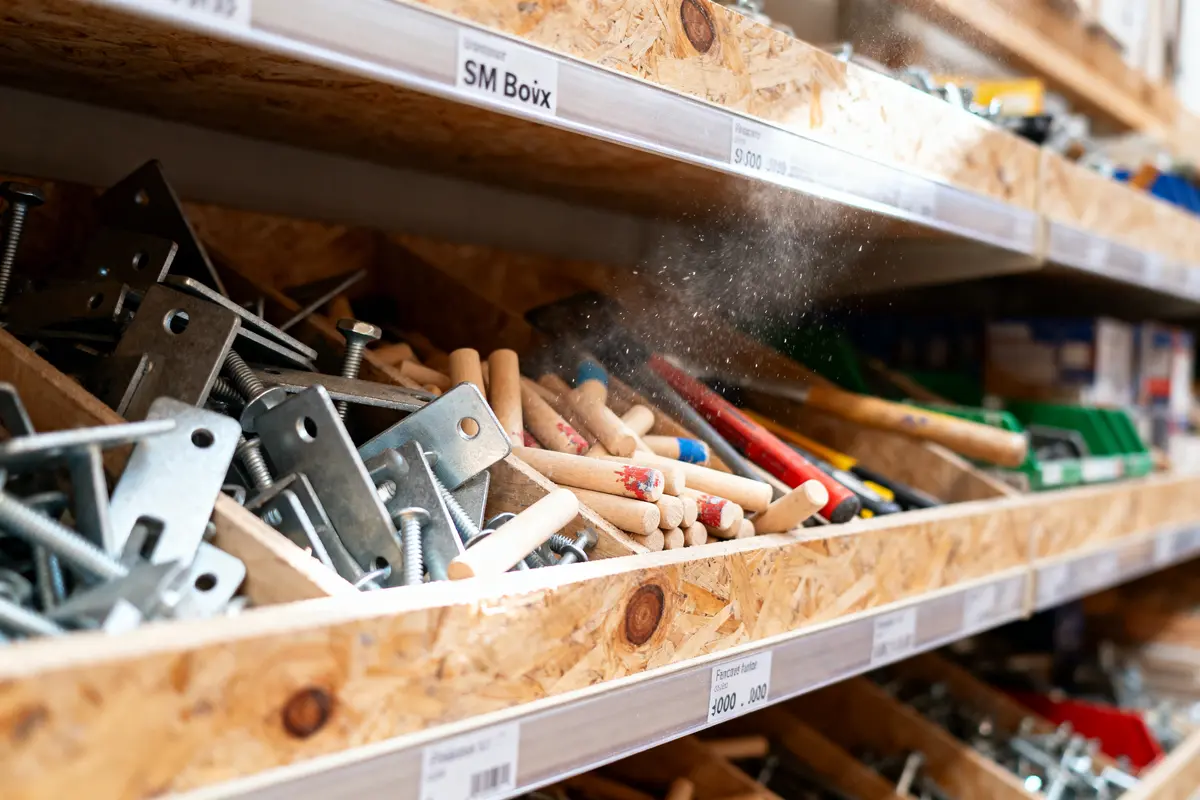 Étagères de quincaillerie avec vis, boulons, manches en bois et outils, éclairage de poussière suspendue.