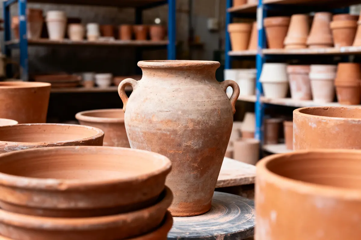 Poterie en argile dans un atelier, avec étagères remplies de divers pots en arrière-plan flou.